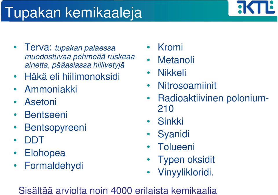 Formaldehydi Kromi Metanoli Nikkeli Nitrosoamiinit Radioaktiivinen polonium- 210 Sinkki