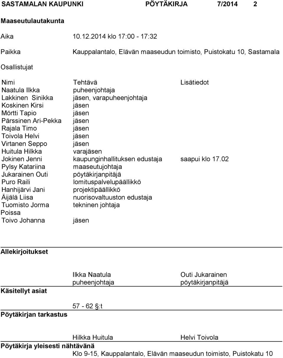 varapuheenjohtaja Koskinen Kirsi jäsen Mörtti Tapio jäsen Pärssinen Ari-Pekka jäsen Rajala Timo jäsen Toivola Helvi jäsen Virtanen Seppo jäsen Huitula Hilkka varajäsen Jokinen Jenni