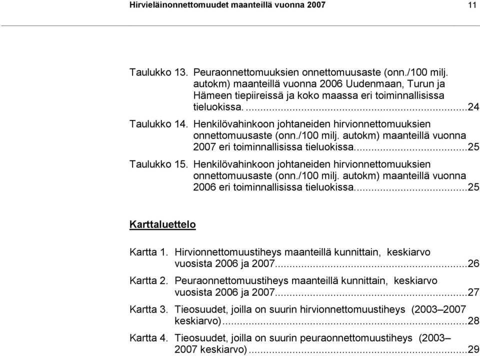 Henkilövahinkoon johtaneiden hirvionnettomuuksien onnettomuusaste (onn./1 milj. autokm) maanteillä vuonna 27 eri toiminnallisissa tieluokissa...25 Taulukko 15.