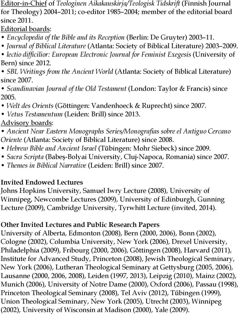 lectio difficilior: European Electronic Journal for Feminist Exegesis (University of Bern) since 2012. SBL Writings from the Ancient World (Atlanta: Society of Biblical Literature) since 2007.
