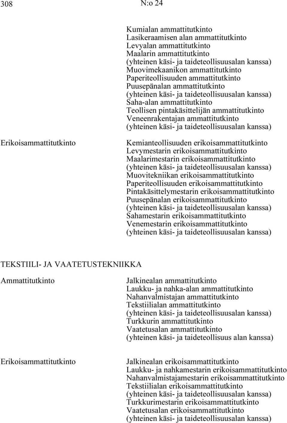 erikoisammattitutkinto Maalarimestarin erikoisammattitutkinto Muovitekniikan erikoisammattitutkinto Paperiteollisuuden erikoisammattitutkinto Pintakäsittelymestarin erikoisammattitutkinto