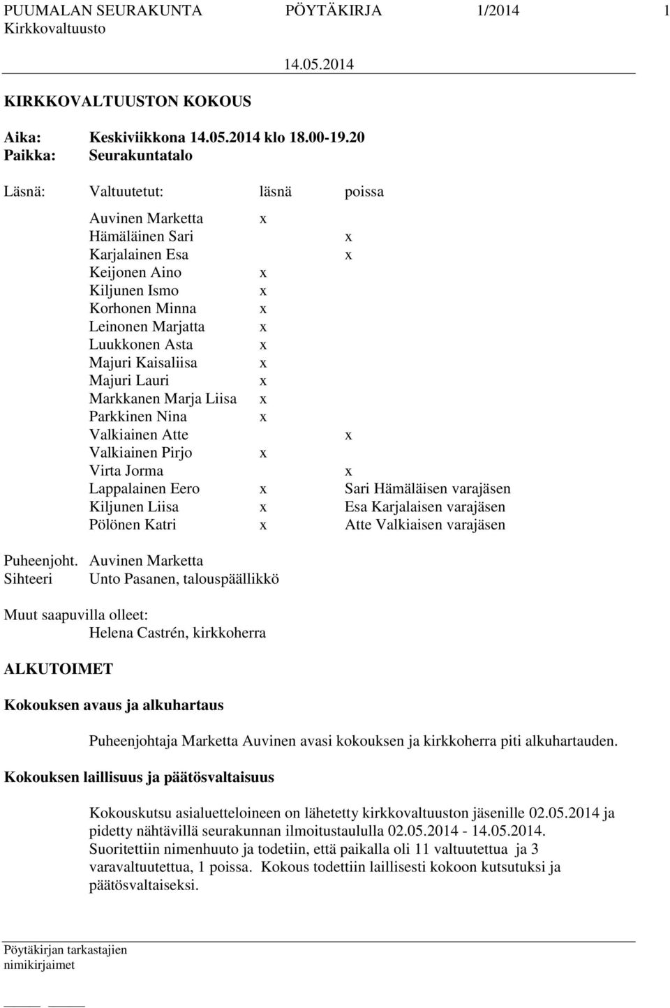 Kaisaliisa Majuri Lauri Markkanen Marja Liisa Parkkinen Nina Valkiainen Atte Valkiainen Pirjo Virta Jorma Lappalainen Eero Sari Hämäläisen varajäsen Kiljunen Liisa Esa Karjalaisen varajäsen Pölönen