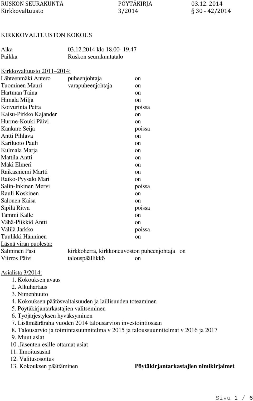 Hurme-Kouki Päivi Kankare Seija Antti Pihlava Kariluoto Pauli Kulmala Marja Mattila Antti Mäki Elmeri Raikasniemi Martti Raiko-Pyysalo Mari Salin-Inkinen Mervi Rauli Koskinen Salen Kaisa Sipilä Ritva