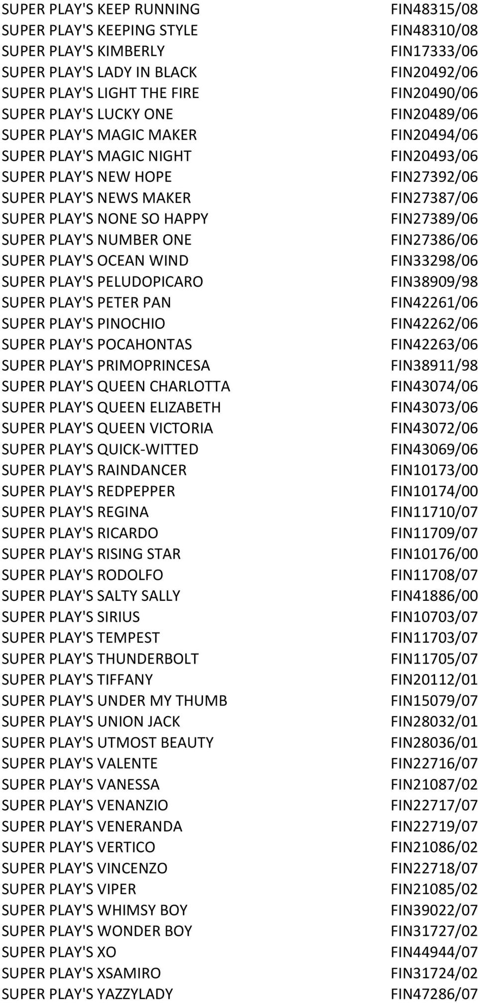 SUPER PLAY'S POCAHONTAS SUPER PLAY'S PRIMOPRINCESA SUPER PLAY'S QUEEN CHARLOTTA SUPER PLAY'S QUEEN ELIZABETH SUPER PLAY'S QUEEN VICTORIA SUPER PLAY'S QUICK-WITTED SUPER PLAY'S RAINDANCER SUPER PLAY'S