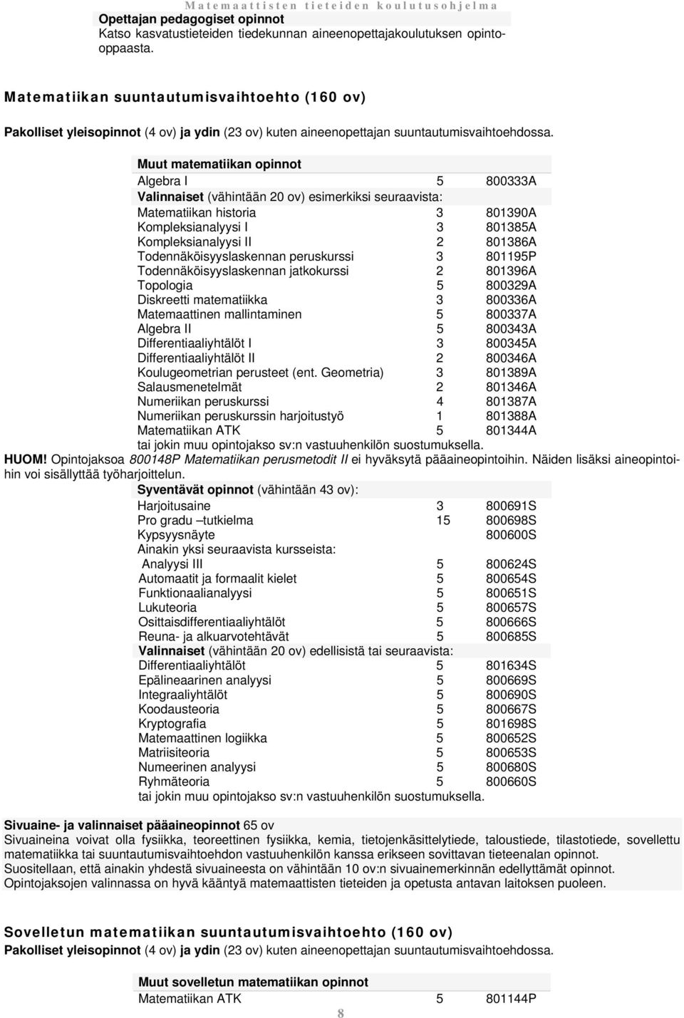 Muut matematiikan opinnot Algebra I 5 800333A Valinnaiset (vähintään 20 ov) esimerkiksi seuraavista: Matematiikan historia 3 801390A Kompleksianalyysi I 3 801385A Kompleksianalyysi II 2 801386A