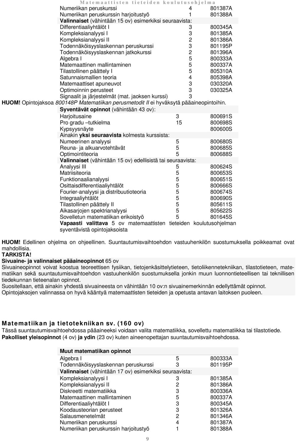 päättely I 5 805310A Satunnaismallien teoria 4 805398A Matemaattiset apuneuvot 3 030320A Optimoinnin perusteet 3 030325A Signaalit ja järjestelmät (mat. jaoksen kurssi) 3 HUOM!