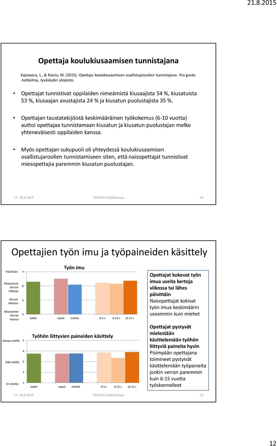 Opettajan taustatekijöistä keskimääräinen työkokemus (6-10 vuotta) auttoi opettajaa tunnistamaan kiusatun ja kiusatun puolustajan melko yhteneväisesti oppilaiden kanssa.