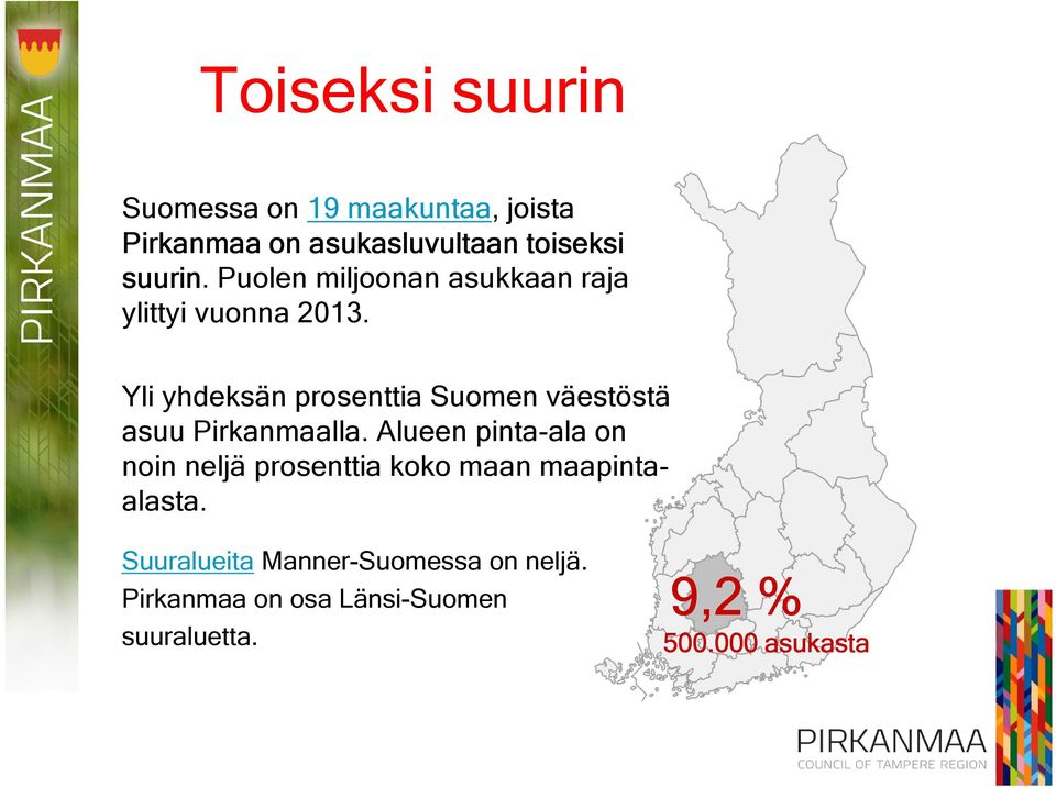 Yli yhdeksän prosenttia Suomen väestöstä asuu Pirkanmaalla.