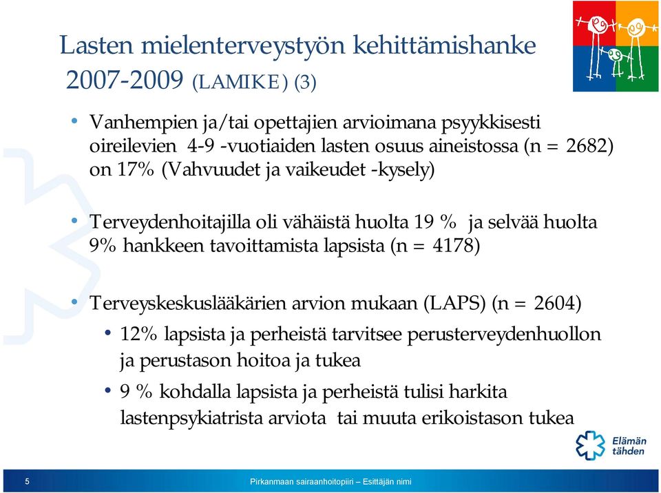 hankkeen tavoittamista lapsista (n = 4178) Terveyskeskuslääkärien arvion mukaan (LAPS) (n = 2604) 12% lapsista ja perheistä tarvitsee