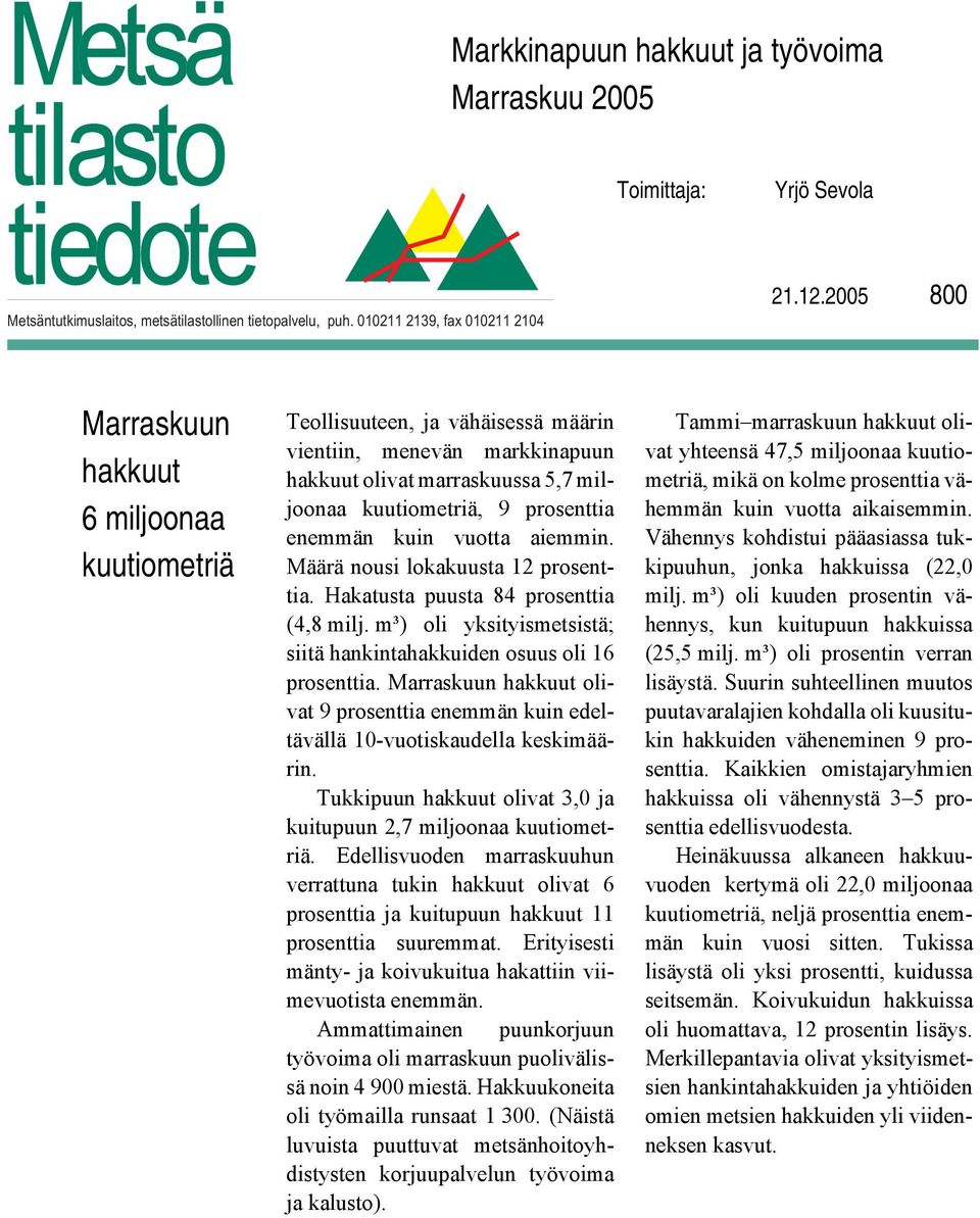 kuin vuotta aiemmin. Määrä nousi lokakuusta 12 prosenttia. Hakatusta puusta 84 prosenttia (4,8 milj. m³) oli yksityismetsistä; siitä hankintahakkuiden osuus oli 16 prosenttia.