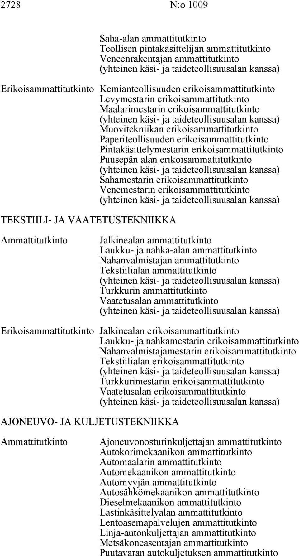 alan erikoisammattitutkinto Sahamestarin erikoisammattitutkinto Venemestarin erikoisammattitutkinto TEKSTIILI- JA VAATETUSTEKNIIKKA Jalkinealan ammattitutkinto Laukku- ja nahka-alan ammattitutkinto