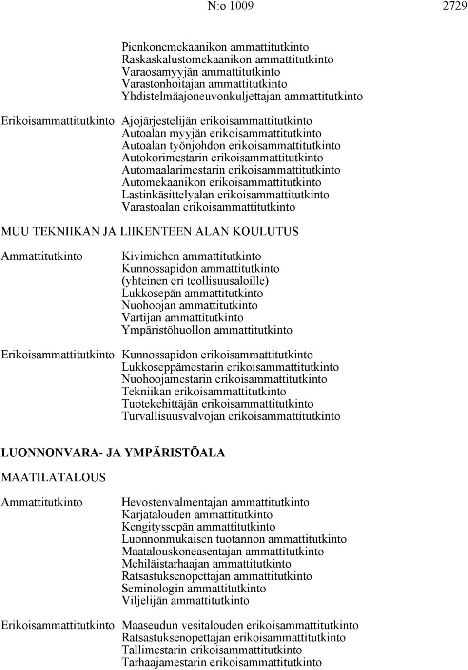 Automaalarimestarin erikoisammattitutkinto Automekaanikon erikoisammattitutkinto Lastinkäsittelyalan erikoisammattitutkinto Varastoalan erikoisammattitutkinto MUU TEKNIIKAN JA LIIKENTEEN ALAN