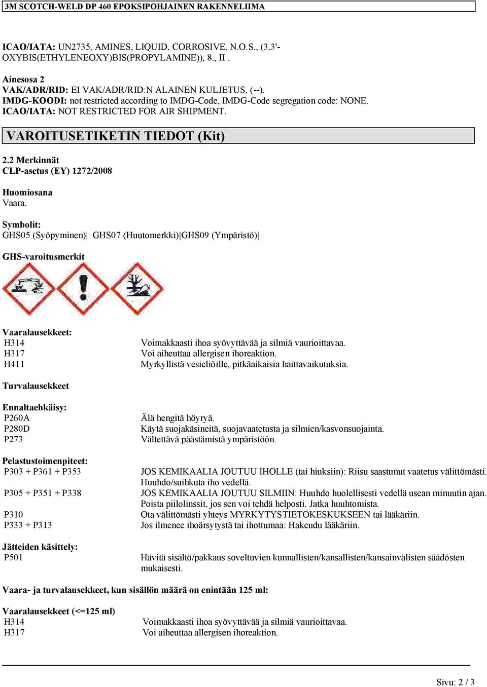 VAROITUSETIKETIN TIEDOT (Kit) 2.2 Merkinnät CLP-asetus (EY) 1272/2008 Huomiosana Vaara.