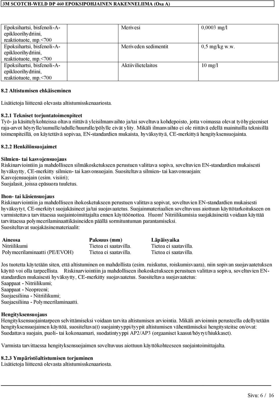 eivät ylity. Mikäli ilmanvaihto ei ole riittävä edellä mainituilla teknisillä toimenpiteillä, on käytettävä sopivaa, EN-standardien mukaista, hyväksyttyä, CE-merkittyä hengityksensuojainta. 8.2.