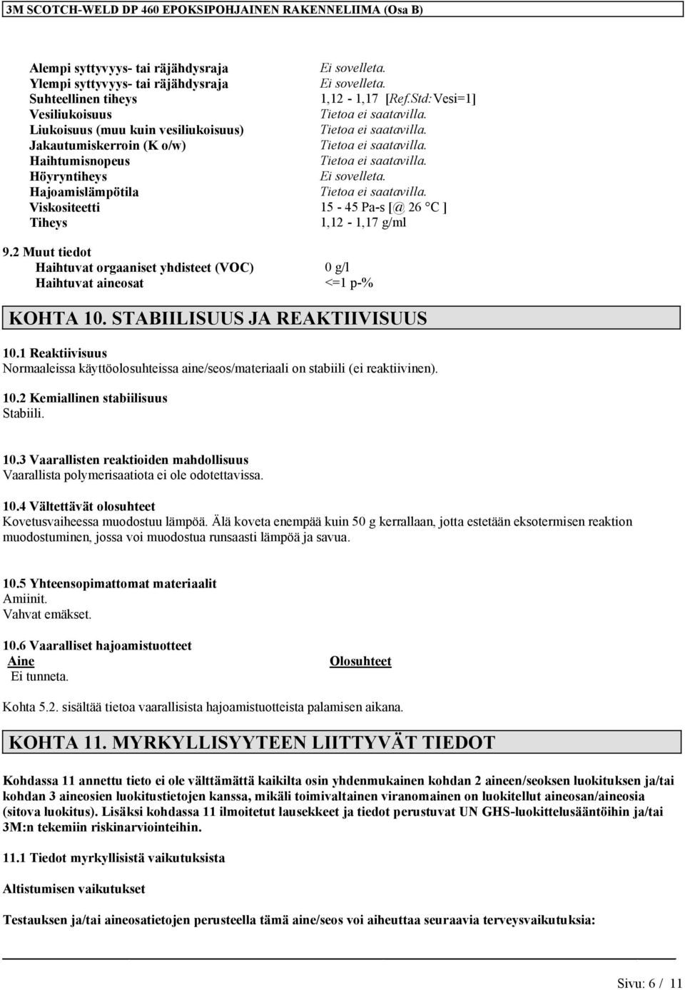 Hajoamislämpötila Viskositeetti 15-45 Pa-s [@ 26 C ] Tiheys 1,12-1,17 g/ml 9.2 Muut tiedot Haihtuvat orgaaniset yhdisteet (VOC) Haihtuvat aineosat 0 g/l <=1 p-% KOHTA 10.