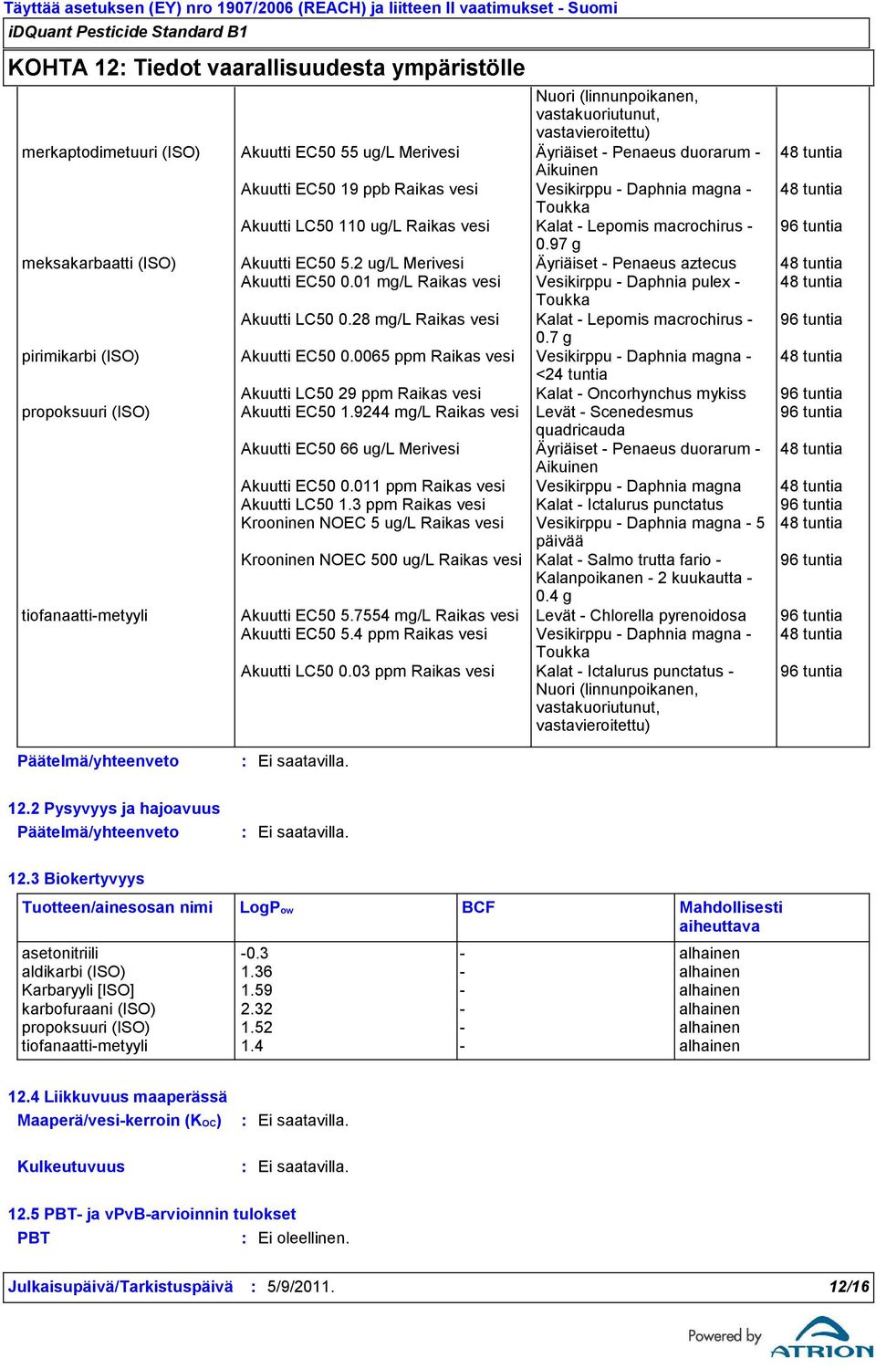 97 g meksakarbaatti (ISO) Akuutti EC50 5.2 ug/l Merivesi Äyriäiset - Penaeus aztecus 48 tuntia Akuutti EC50 0.01 mg/l Raikas vesi Vesikirppu - Daphnia pulex - 48 tuntia Toukka Akuutti LC50 0.