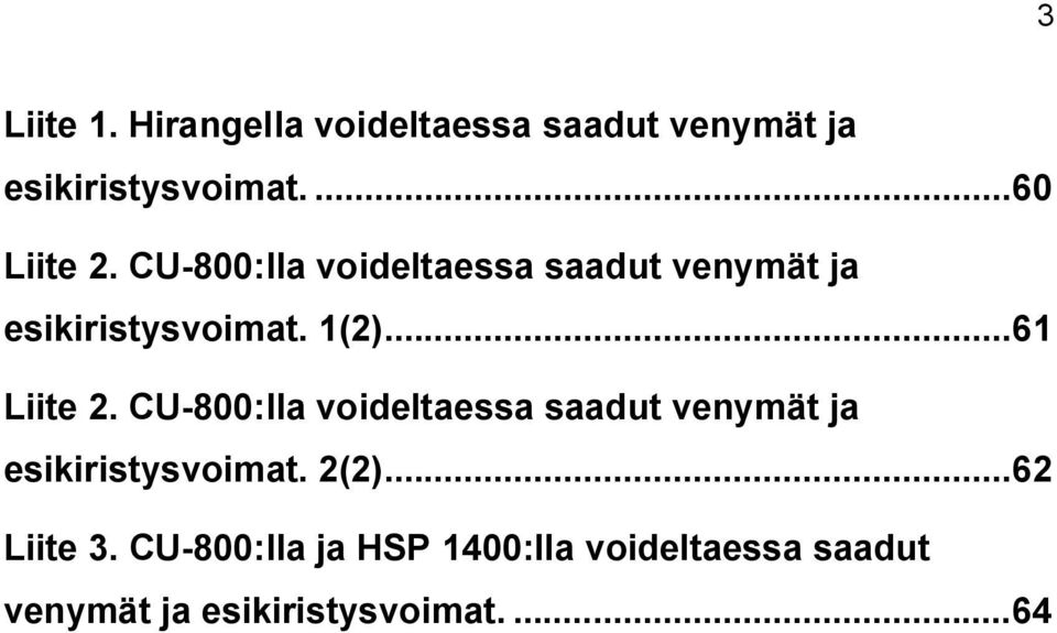 CU-800:lla voideltaessa saadut venymät ja esikiristysvoimat. 2(2)... 62 Liite 3.