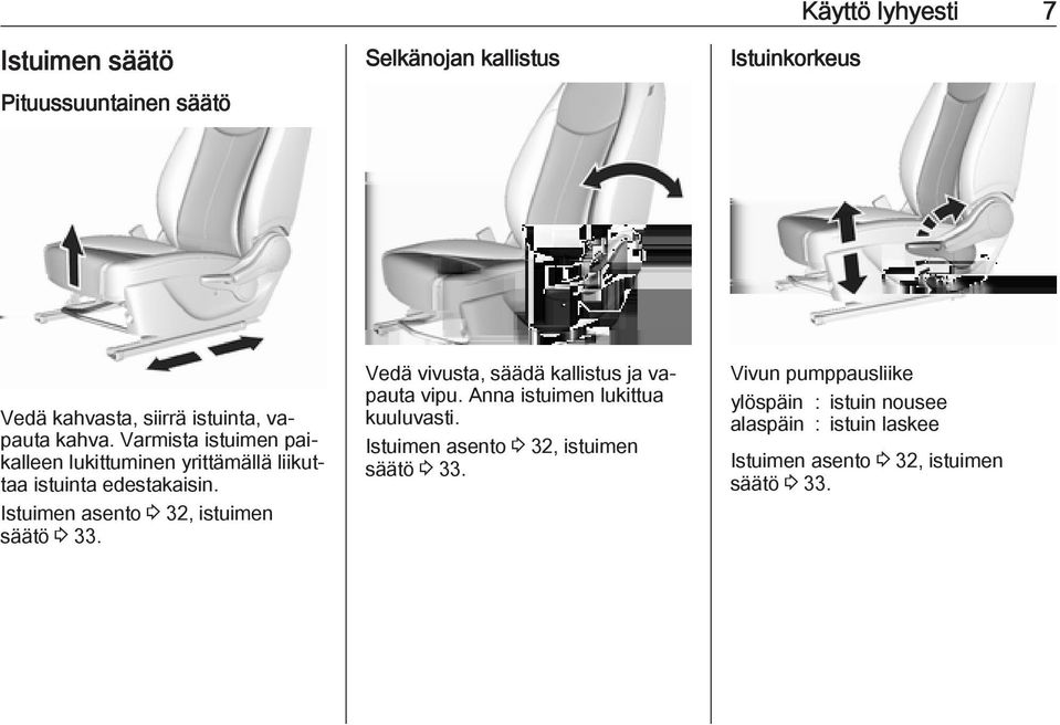 Istuimen asento 3 32, istuimen säätö 3 33. Vedä vivusta, säädä kallistus ja vapauta vipu. Anna istuimen lukittua kuuluvasti.