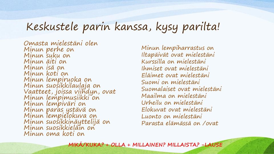 lempimusiikki on Minun lempiväri on Minun paras ystävä on Minun lempielokuva on Minun suosikkinäyttelijä on Minun suosikkieläin on Minun oma koti on Minun lempiharrastus on