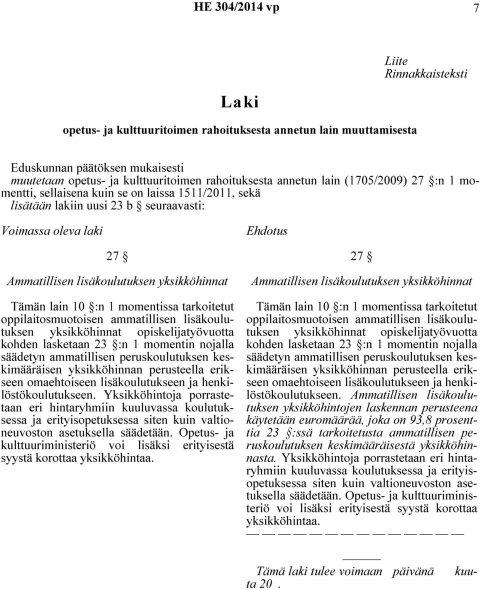 10 :n 1 momentissa tarkoitetut oppilaitosmuotoisen ammatillisen lisäkoulutuksen yksikköhinnat opiskelijatyövuotta kohden lasketaan 23 :n 1 momentin nojalla säädetyn ammatillisen peruskoulutuksen