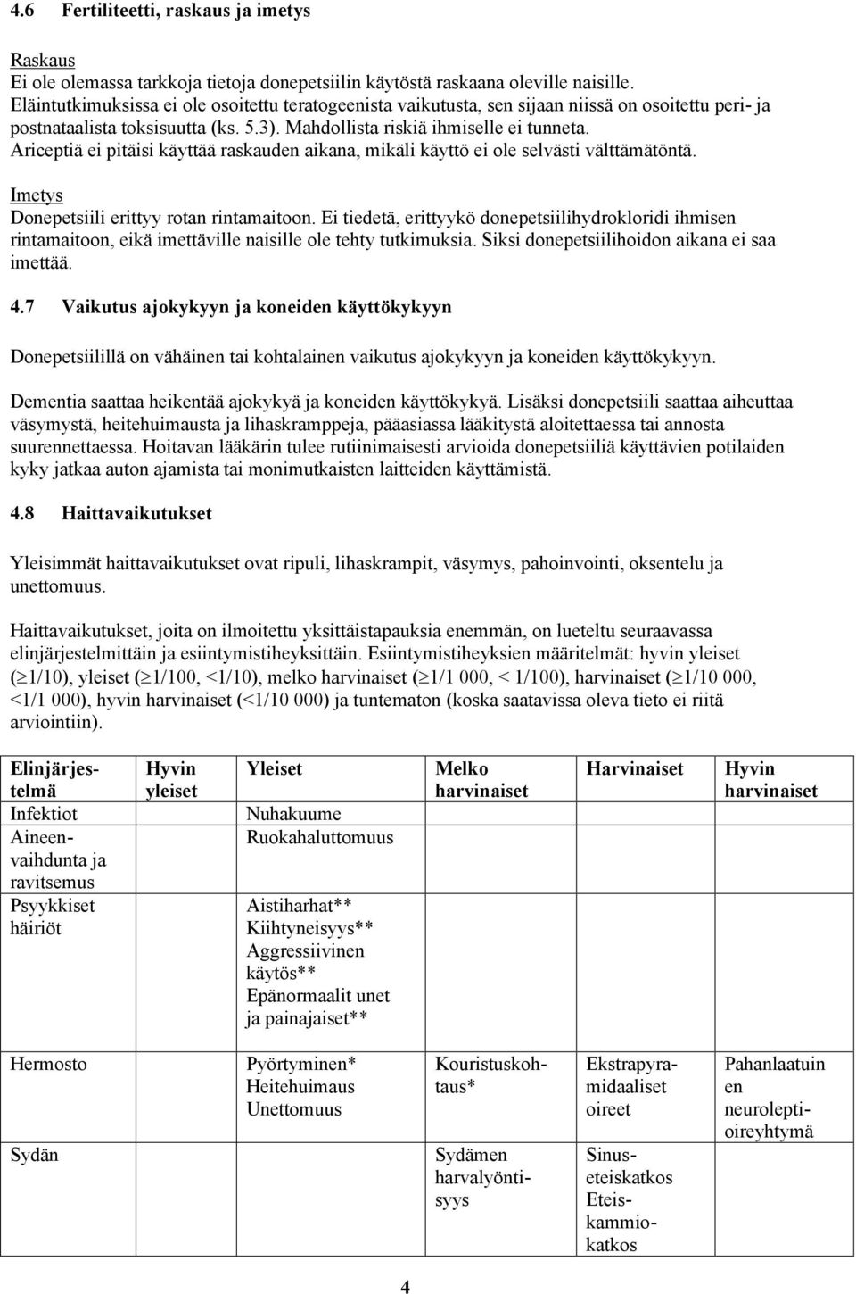 Ariceptiä ei pitäisi käyttää raskauden aikana, mikäli käyttö ei ole selvästi välttämätöntä. Imetys Donepetsiili erittyy rotan rintamaitoon.