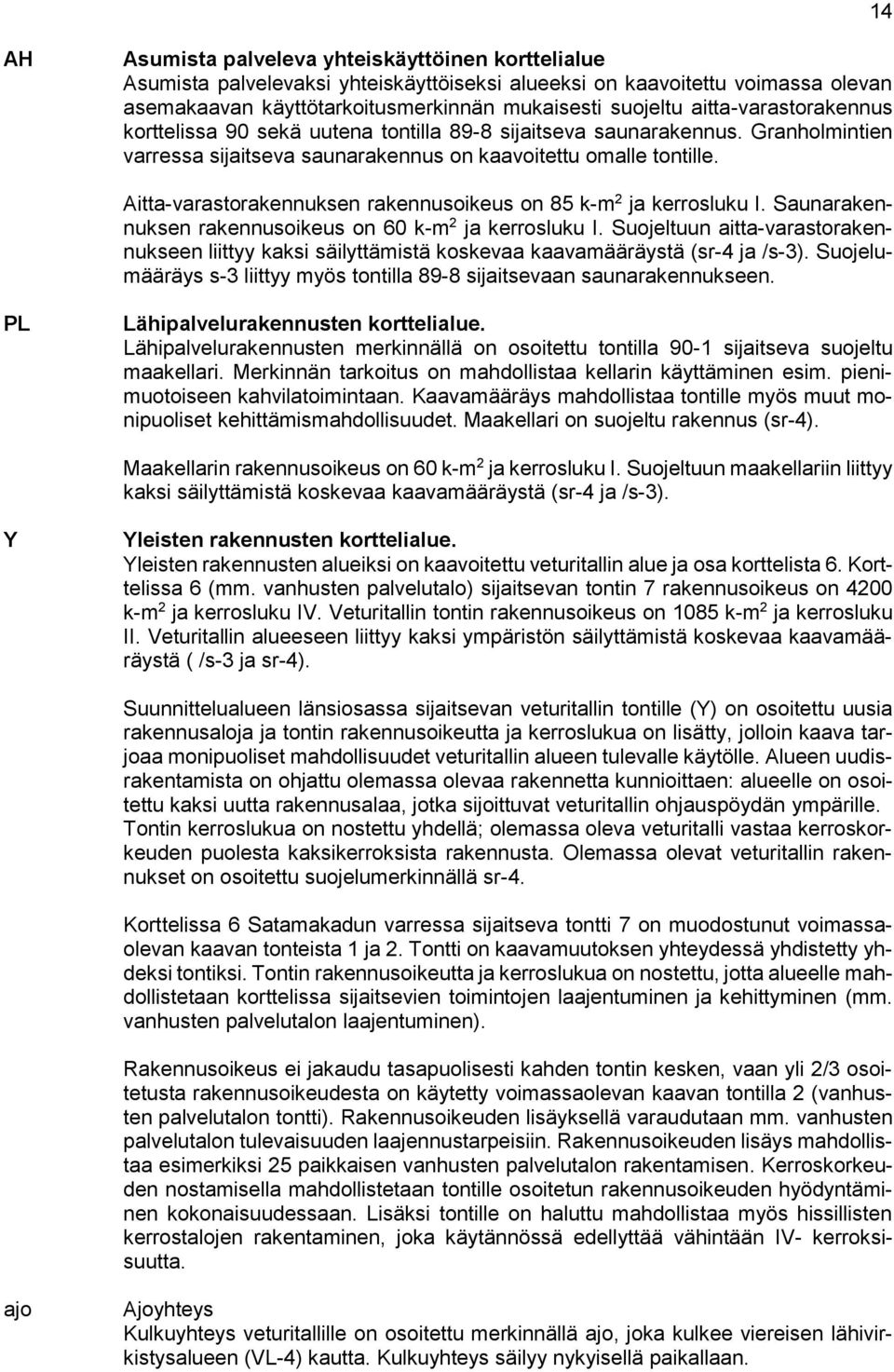 Aitta-varastorakennuksen rakennusoikeus on 85 k-m 2 ja kerrosluku I. Saunarakennuksen rakennusoikeus on 60 k-m 2 ja kerrosluku I.