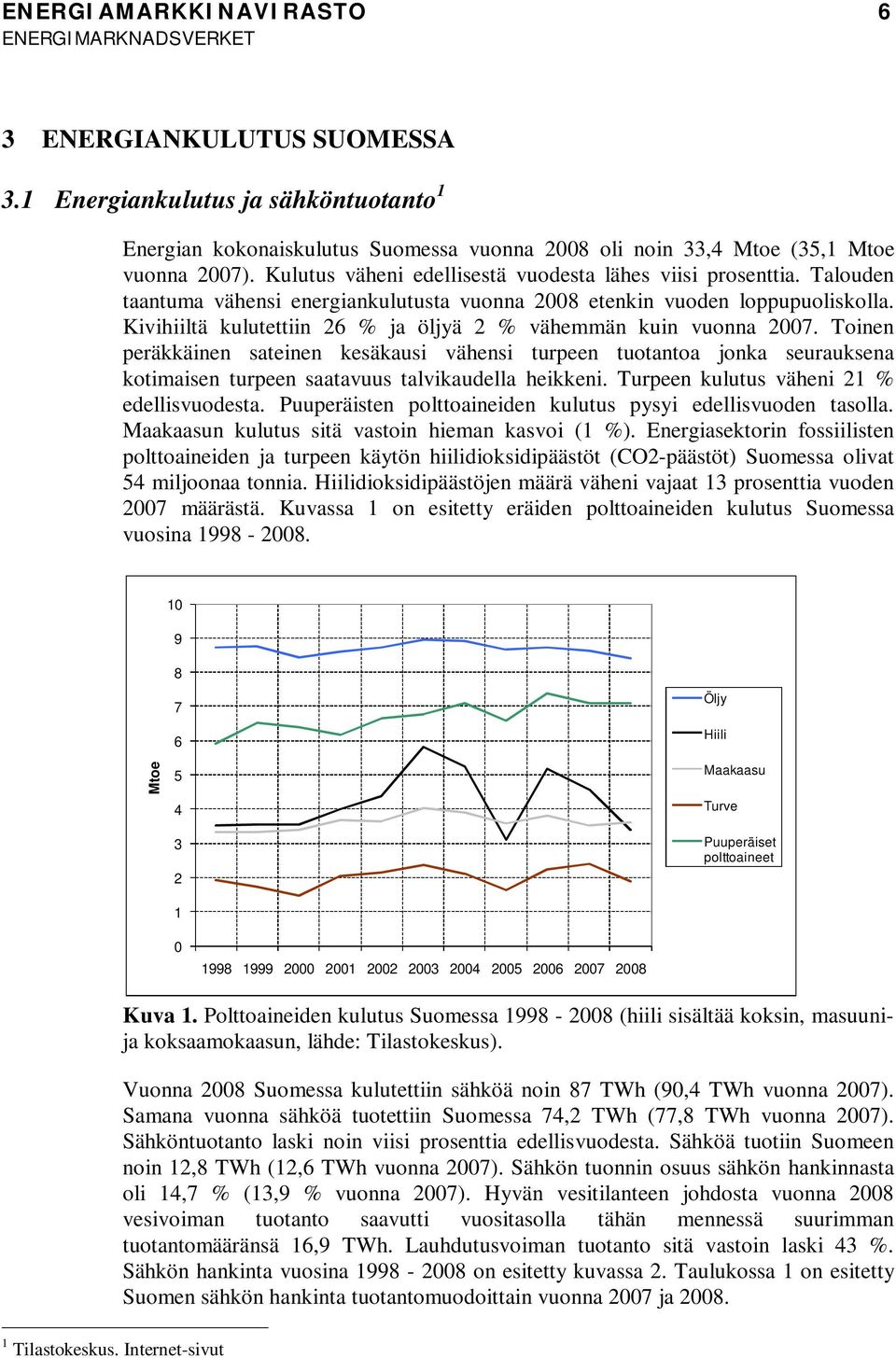 Kivihiiltä kulutettiin 26 % ja öljyä 2 % vähemmän kuin vuonna 2007.