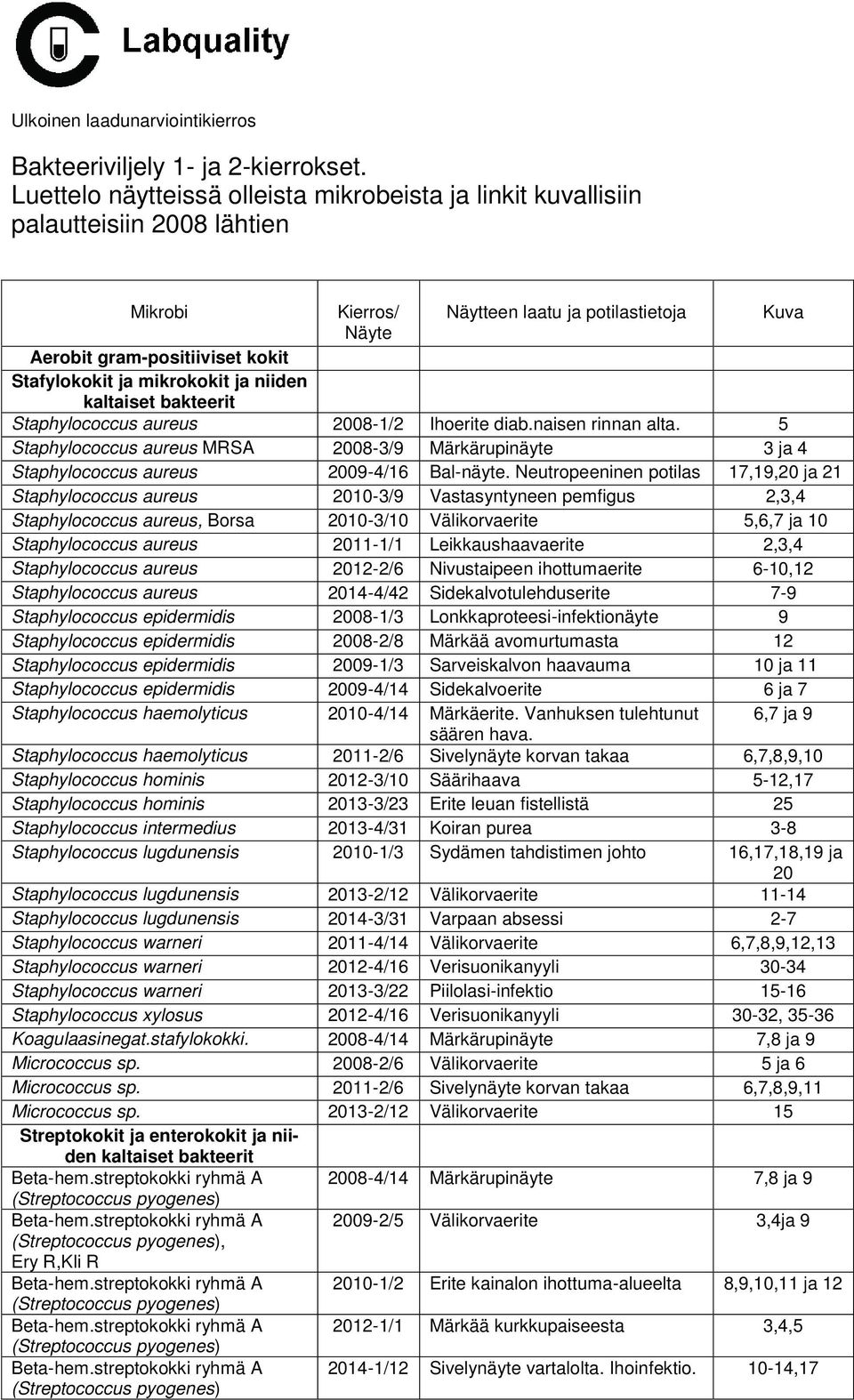 mikrokokit ja niiden kaltaiset bakteerit Staphylococcus aureus 2008-1/2 Ihoerite diab.naisen rinnan alta.