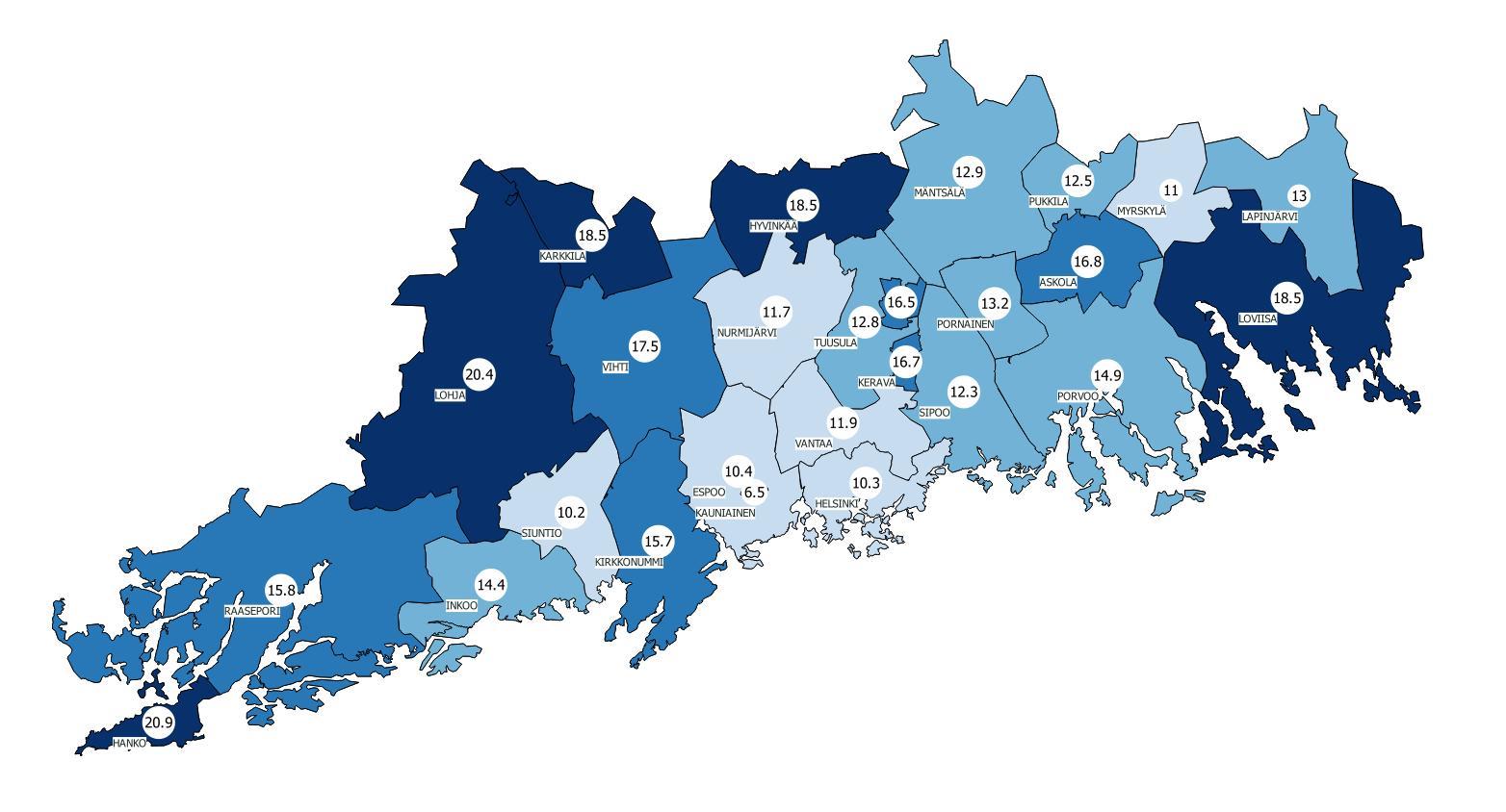 Alle 25-vuotiaiden työttömien työnhakijoiden osuus alle 25-vuotiaasta