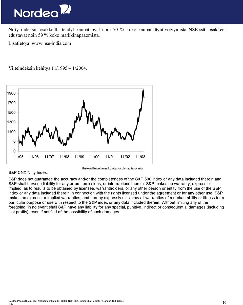 1100 Osakeindeksin käyttöoikeus 900 700 11/95 11/96 11/97 11/98 11/99 11/00 11/01 11/02 11/03 S&P CNX Nifty Index: Historiallinen kurssikehitys ei ole tae tulevasta S&P does not guarantee the