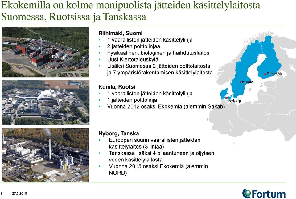 Riihimäki Kumla, Ruotsi 1 vaarallisten jätteiden käsittelylinja 1 jätteiden polttolinja Vuonna 2012 osaksi Ekokemiä (aiemmin Sakab) Nyborg Kumla Nyborg, Tanska Euroopan