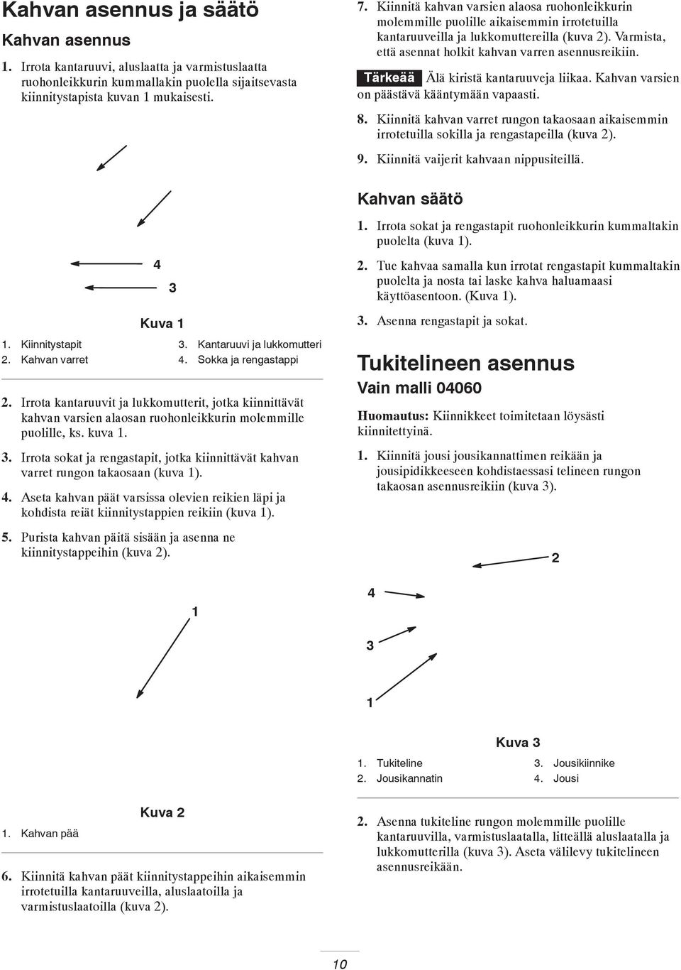 kuva. 3. Irrota sokat ja rengastapit, jotka kiinnittävät kahvan varret rungon takaosaan (kuva ). 4. Aseta kahvan päät varsissa olevien reikien läpi ja kohdista reiät kiinnitystappien reikiin (kuva ).