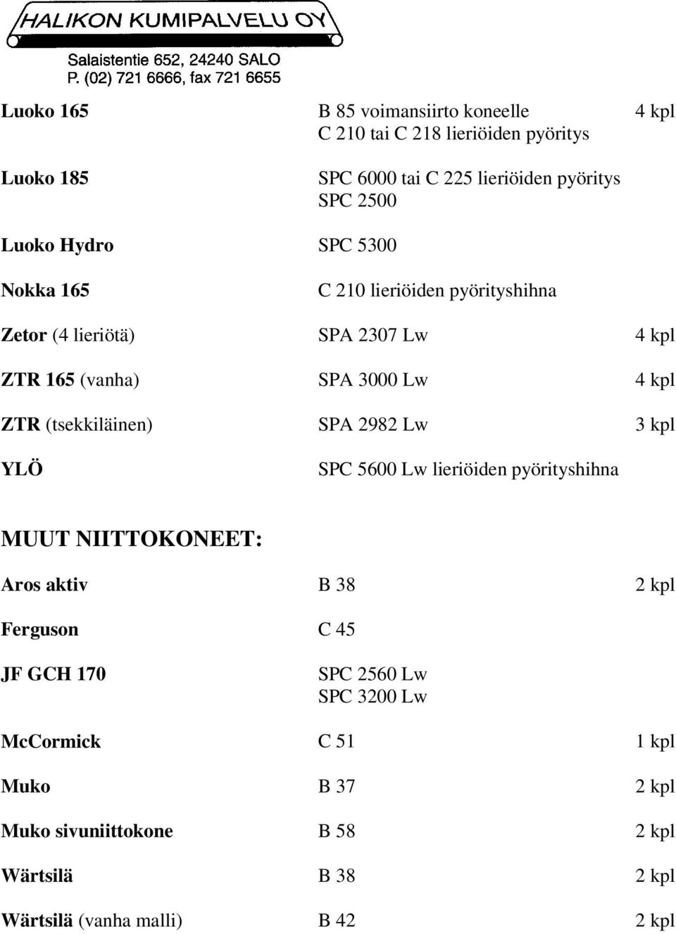 (tsekkiläinen) SPA 2982 Lw 3 kpl YLÖ SPC 5600 Lw lieriöiden pyörityshihna MUUT NIITTOKONEET: Aros aktiv B 38 2 kpl Ferguson C 45 JF GCH 170