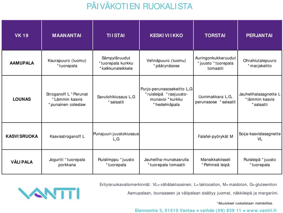 *raejuustomunavoi *kurkku *hedelmäpala Uunimakkara L,G, perunasose Jauhelihalasagnette L *lämmin kasvis *salaatti Kasvisstroganoff L Punajuuri-juustokiusaus