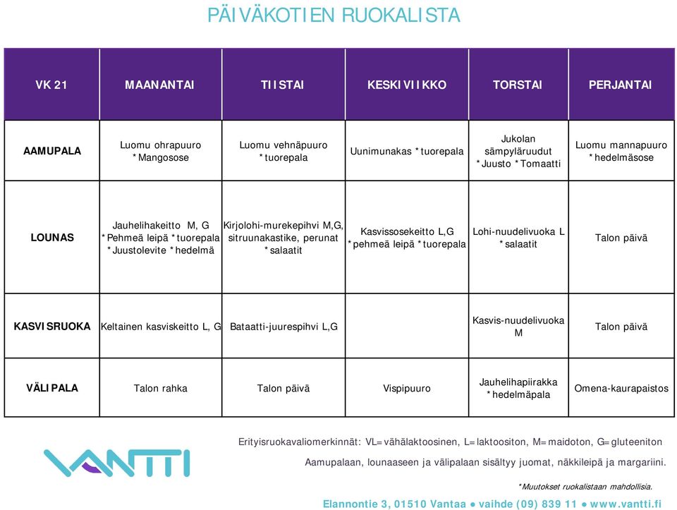 leipä sitruunakastike, perunat *pehmeä leipä *Juustolevite *hedelmä Lohi-nuudelivuoka L Talon päivä Keltainen kasviskeitto L, G