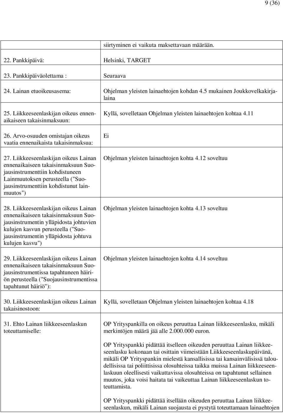 Liikkeeseenlaskijan oikeus Lainan ennenaikaiseen takaisinmaksuun Suojausinstrumenttiin kohdistuneen Lainmuutoksen perusteella ("Suojausinstrumenttiin kohdistunut lainmuutos") 28.