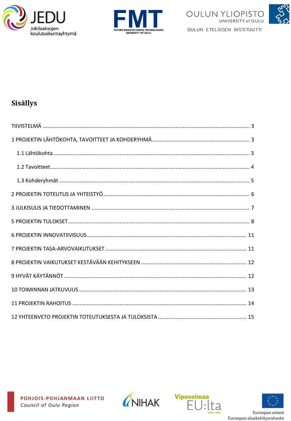 .. 8 6 PROJEKTIN INNOVATIIVISUUS... 11 7 PROJEKTIN TASA ARVOVAIKUTUKSET... 11 8 PROJEKTIN VAIKUTUKSET KESTÄVÄÄN KEHITYKSEEN.