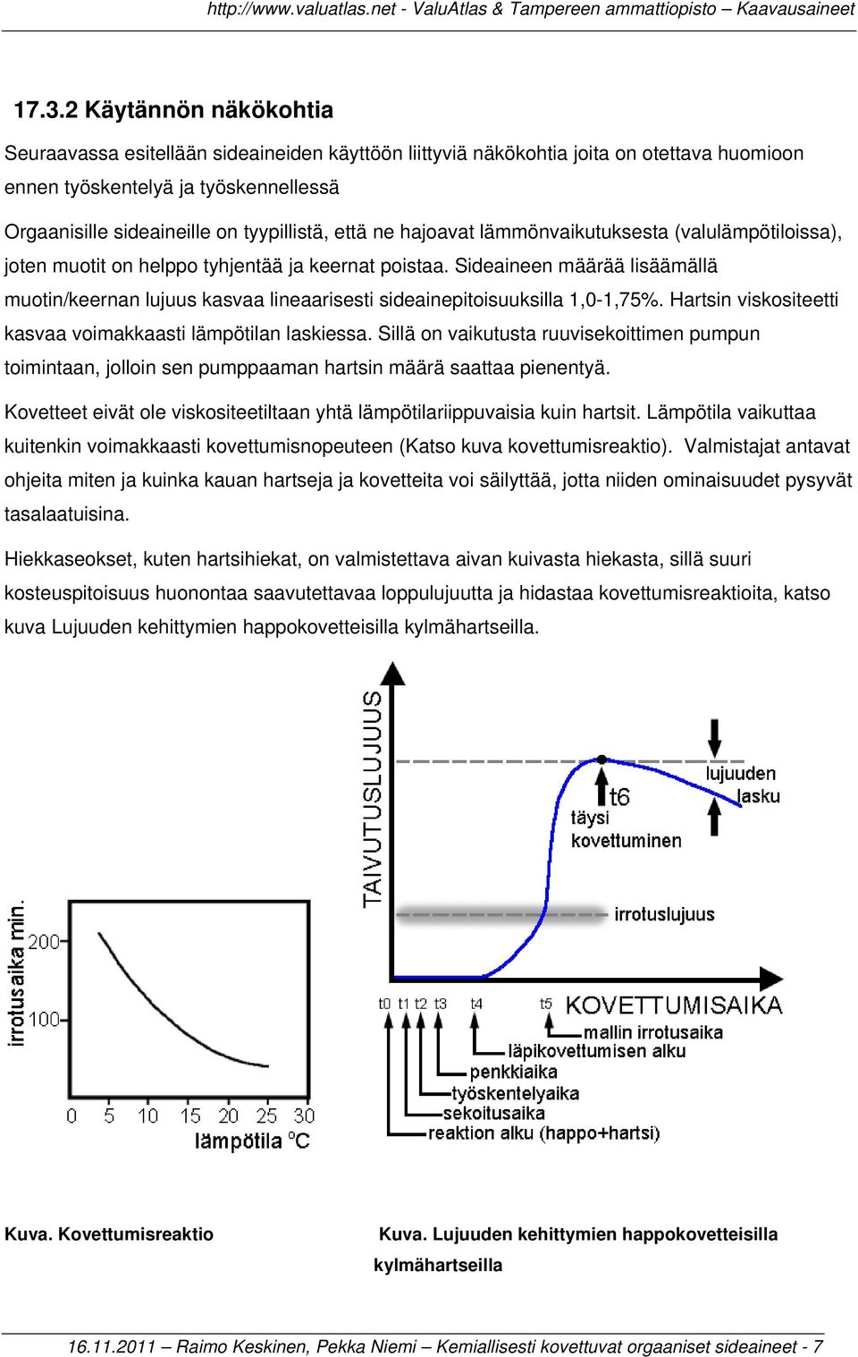 Sideaineen määrää lisäämällä muotin/keernan lujuus kasvaa lineaarisesti sideainepitoisuuksilla 1,0-1,75%. Hartsin viskositeetti kasvaa voimakkaasti lämpötilan laskiessa.