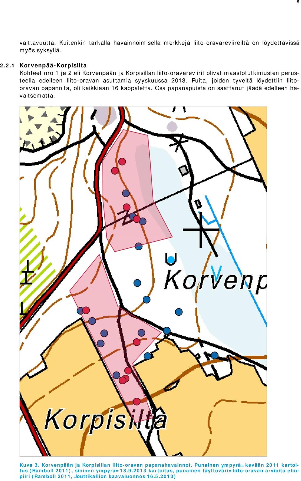 2013. Puita, joiden tyveltä löydettiin liitooravan papanoita, oli kaikkiaan 16 kappaletta. Osa papanapuista on saattanut jäädä edelleen havaitsematta. Kuva 3.