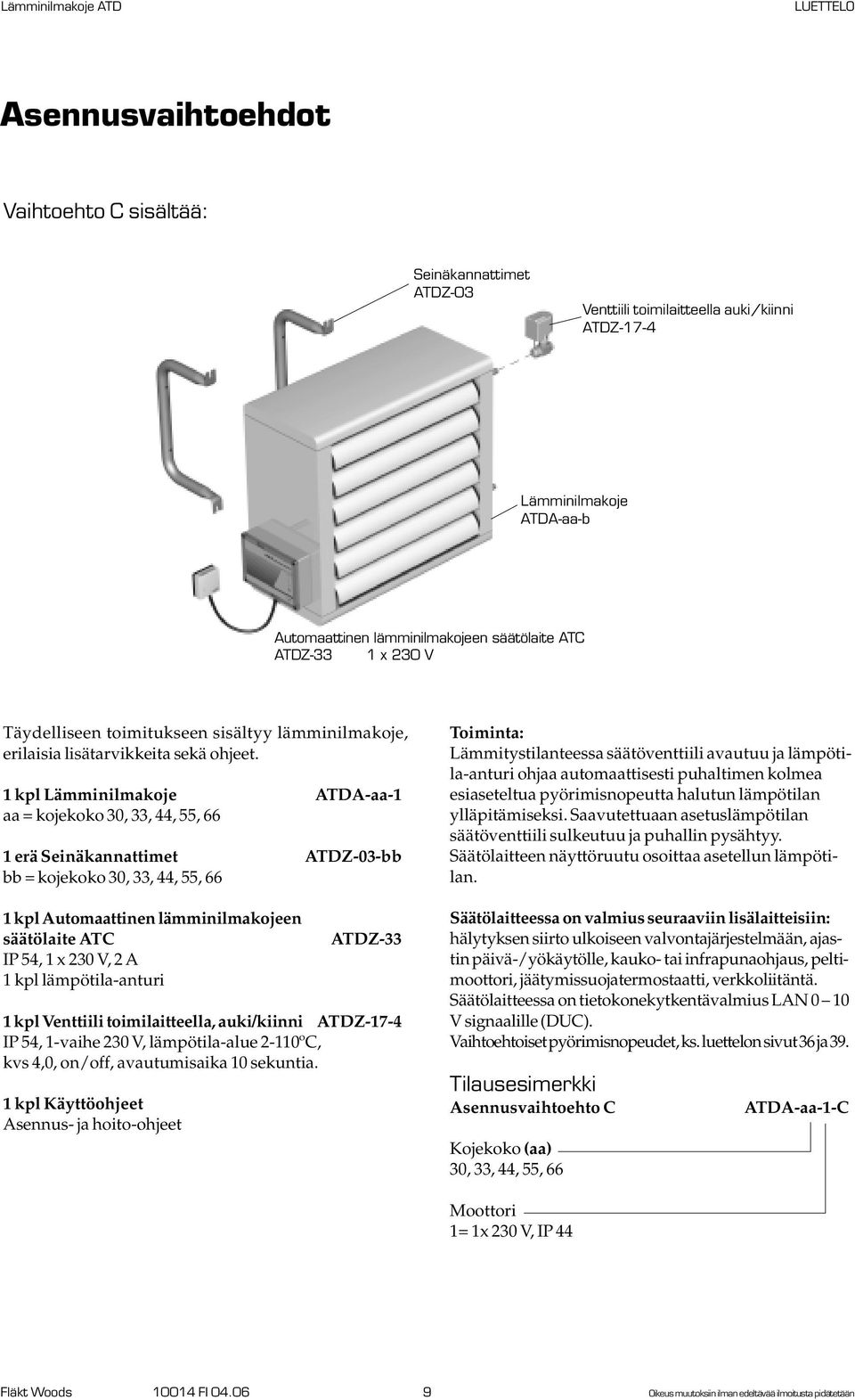 1 kpl Lämminilmakoje ATDA-aa-1 aa = kojekoko 30, 33, 44, 55, 66 1 erä Seinäkannattimet ATDZ-03-bb bb = kojekoko 30, 33, 44, 55, 66 1 kpl Automaattinen lämminilmakojeen säätölaite ATC IP 54, 1 x 230