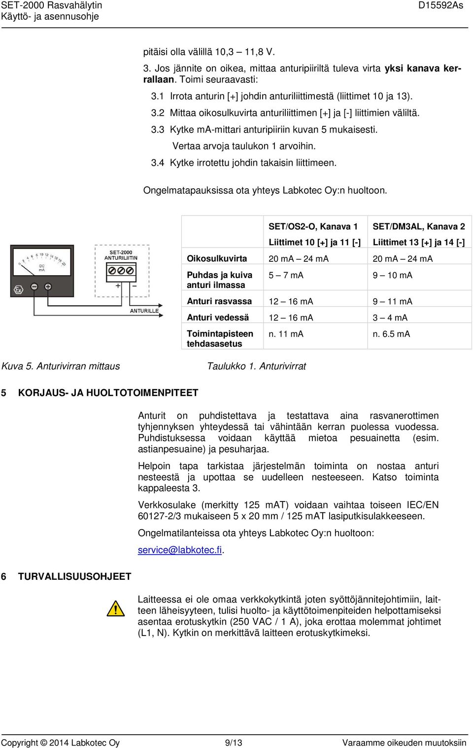 Vertaa arvoja taulukon 1 arvoihin. 3.4 Kytke irrotettu johdin takaisin liittimeen. Ongelmatapauksissa ota yhteys Labkotec Oy:n huoltoon.