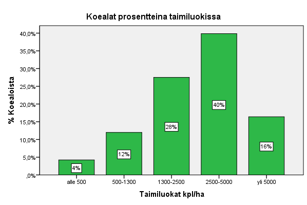 18 4 TULOKSET JA TULOSTEN TARKASTELU 4.1 Männyntaimien määrä Tutkimustulosten perusteella Kuusamossa vuosina 2006 2007 tehdyt männyn konekylvöt ovat onnistuneet pääsääntöisesti erittäin hyvin.