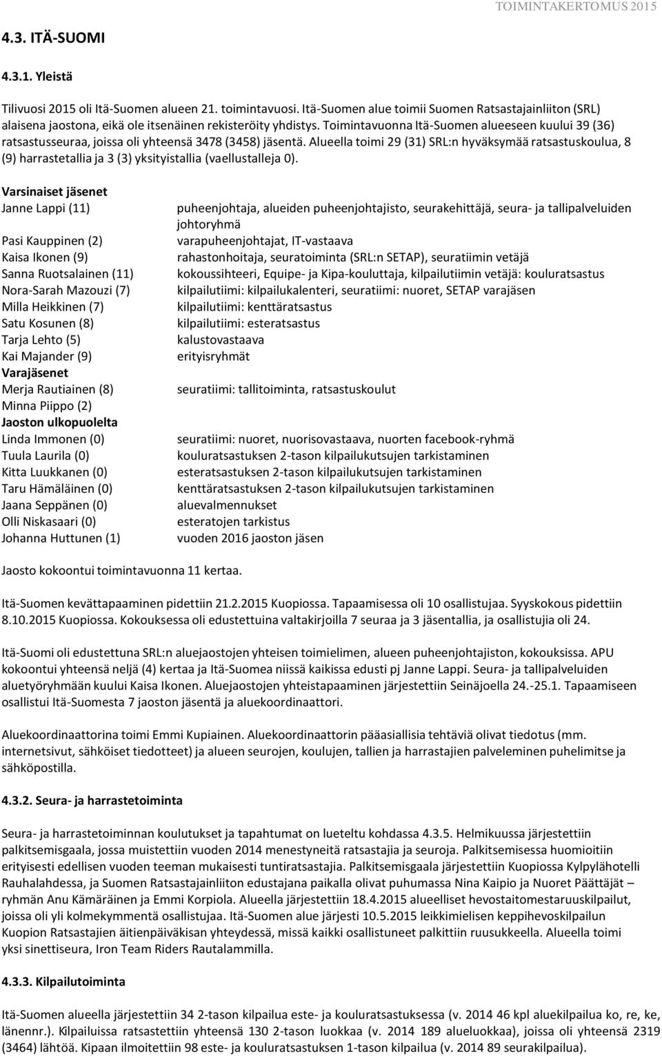 Toimintavuonna Itä-Suomen alueeseen kuului 39 (36) ratsastusseuraa, joissa oli yhteensä 3478 (3458) jäsentä.