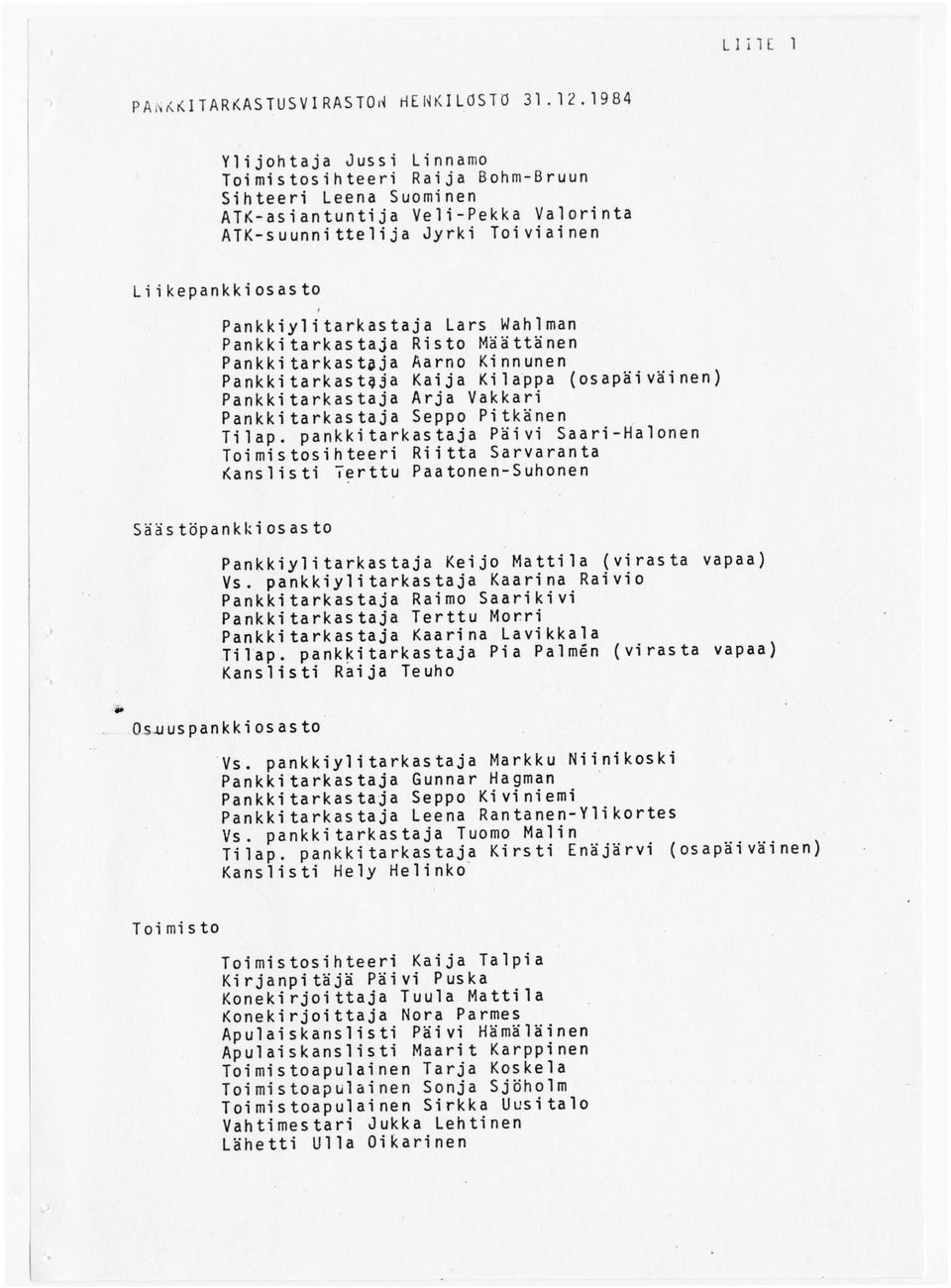 Pankkiylitarkastaja Lars Wahlman Pankkitarkastaja Risto Määttänen Pankkitarkastöja Aarno Kinnunen Pankkitarkast~ja Kaija Kilappa (osapäiväinen) Pankkitarkastaja Arja Vakkari Pankkitarkastaja Seppo