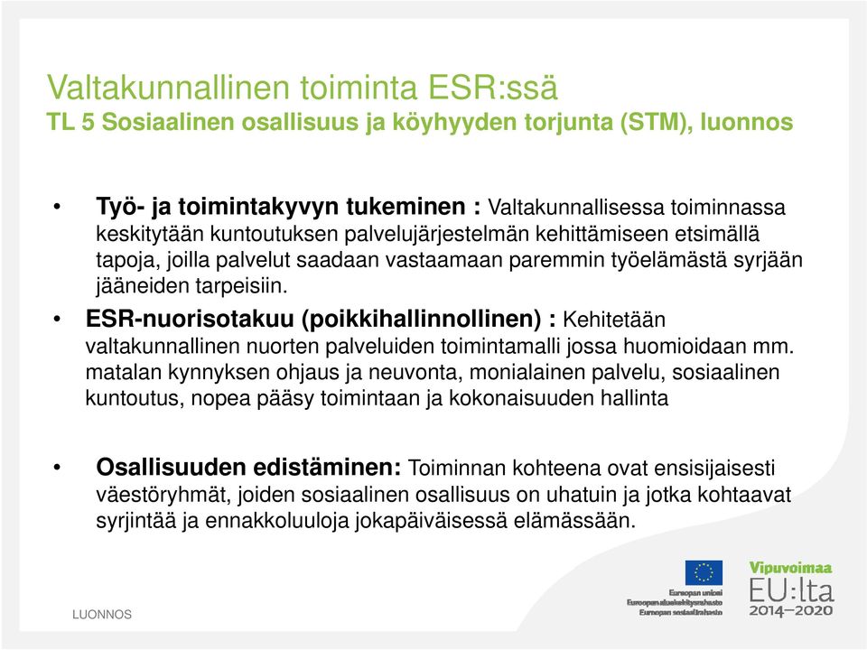 ESR-nuorisotakuu (poikkihallinnollinen) : Kehitetään valtakunnallinen nuorten palveluiden toimintamalli jossa huomioidaan mm.