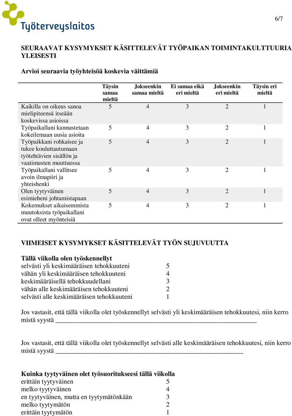 yhteishenki Olen tyytyväinen esimieheni johtamistapaan Kokemukset aikaisemmista muutoksista työpaikallani ovat olleet myönteisiä Ei eikä eri eri eri VIIMEISET KYSYMYKSET KÄSITTELEVÄT TYÖN SUJUVUUTTA