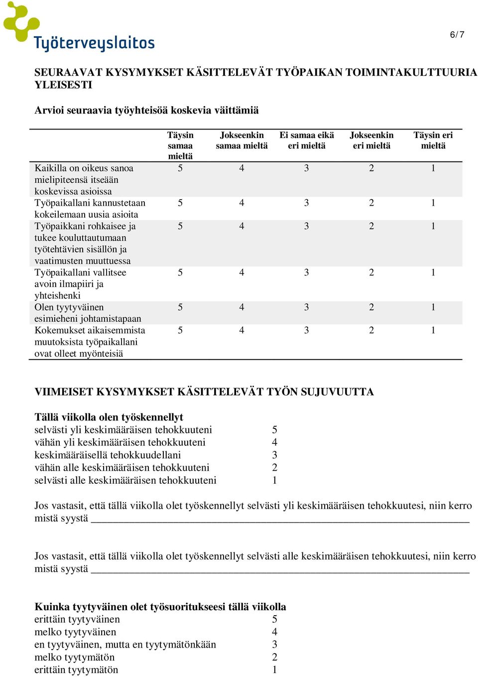 yhteishenki Olen tyytyväinen esimieheni johtamistapaan Kokemukset aikaisemmista muutoksista työpaikallani ovat olleet myönteisiä eri eri VIIMEISET KYSYMYKSET KÄSITTELEVÄT TYÖN SUJUVUUTTA Tällä