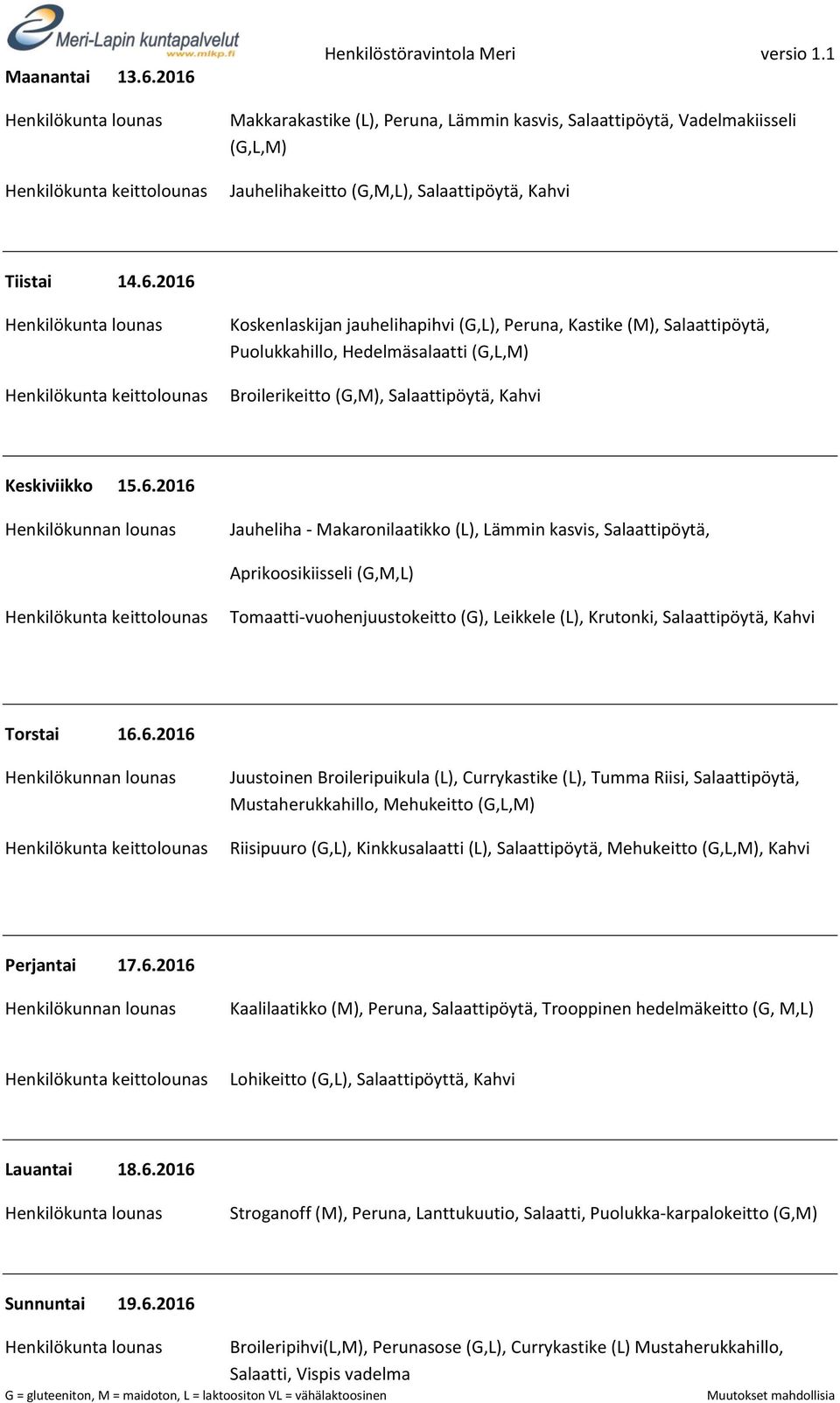 6.2016 Kaalilaatikko (M), Peruna, Salaattipöytä, Trooppinen hedelmäkeitto (G, M,L) Lohikeitto (G,L), Salaattipöyttä, Kahvi Lauantai 18.6.2016 Stroganoff (M), Peruna, Lanttukuutio, Salaatti, Puolukka-karpalokeitto (G,M) Sunnuntai 19.