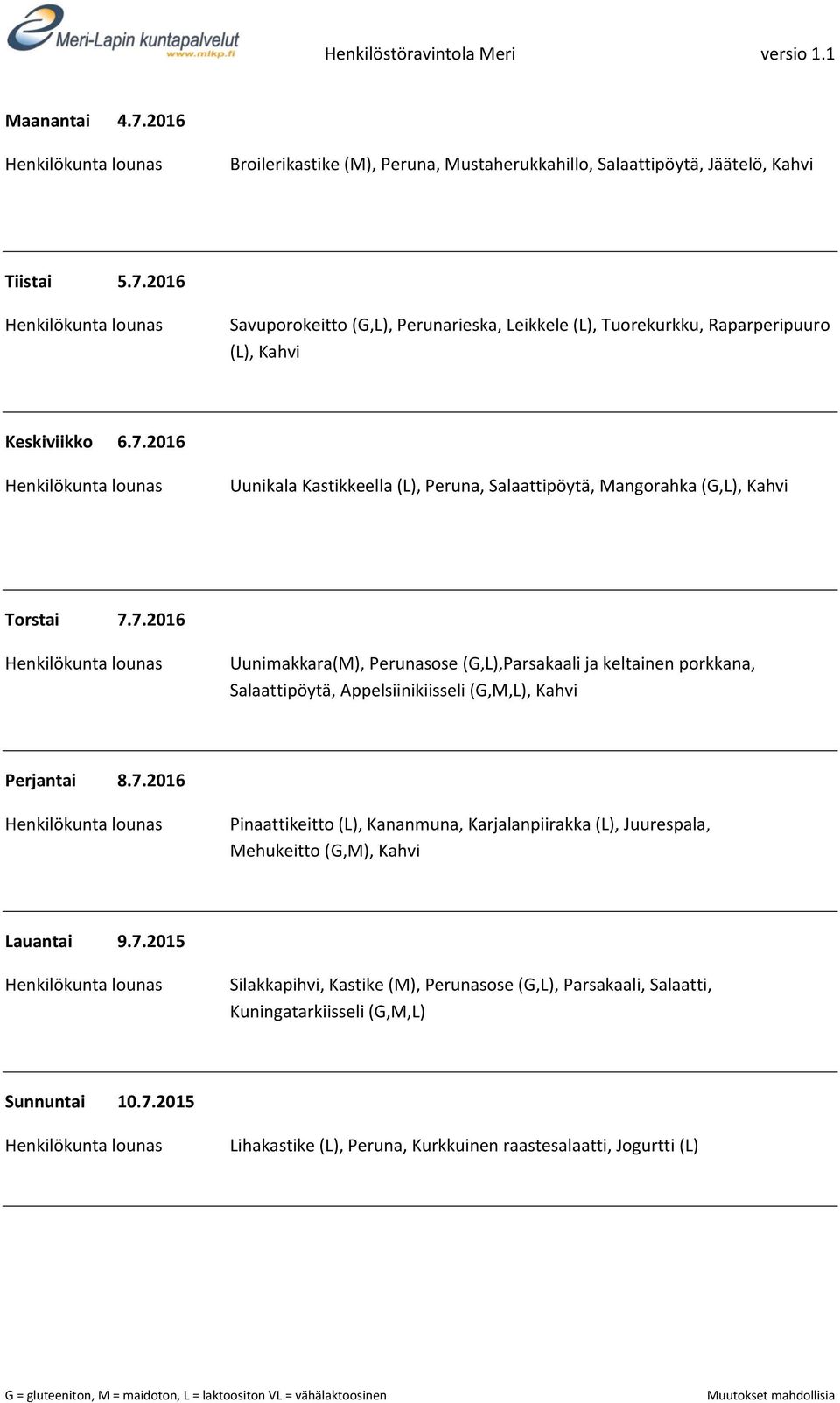 7.2016 Pinaattikeitto (L), Kananmuna, Karjalanpiirakka (L), Juurespala, Mehukeitto (G,M), Kahvi Lauantai 9.7.2015 Silakkapihvi, Kastike (M), Perunasose (G,L), Parsakaali, Salaatti, Kuningatarkiisseli (G,M,L) Sunnuntai 10.