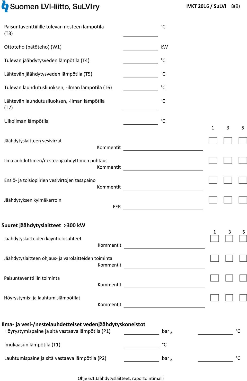 puhtaus Ensiö- ja toisiopiirien vesivirtojen tasapaino Jäähdytyksen kylmäkerroin EER Suuret jäähdytyslaitteet >300 Jäähdytyslaitteiden käyntiolosuhteet